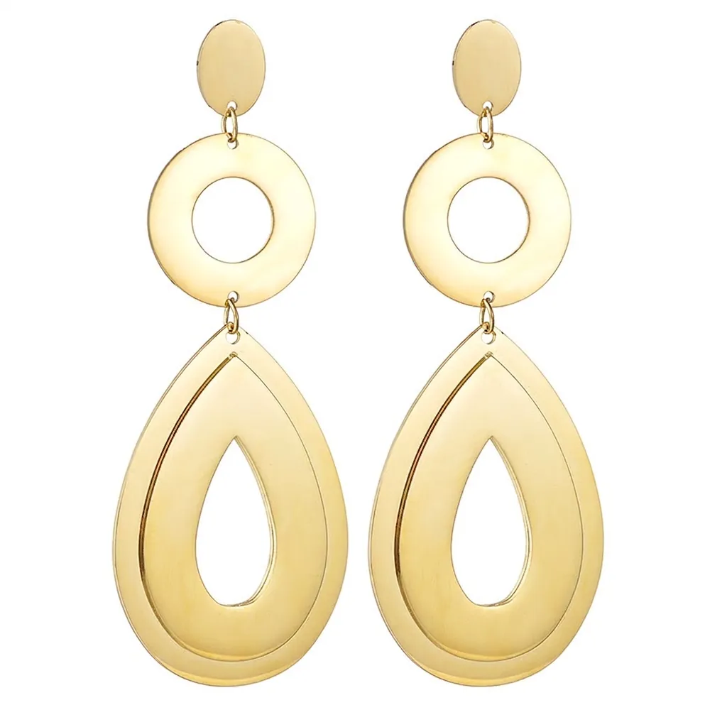 Boucles d'Oreilles Pendantes Géométriques en Acier Inoxydable pour Femmes Plaqué Or Creux Goutte d'Eau Cercle Long Bijoux Mode
