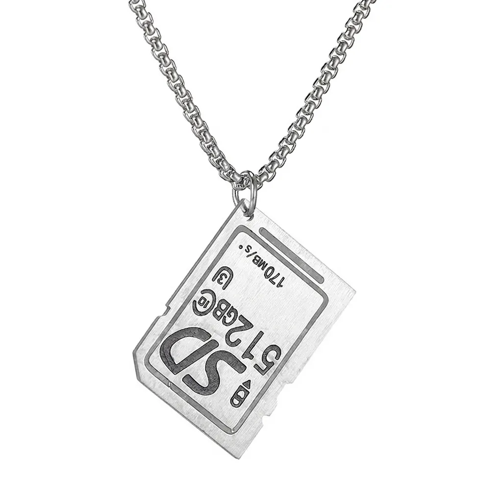 Creative SD Memory Card Pendant Necklace For Women Stainless Steel Brushed Industrial Geek Style Silver Sweater Chain Jewelry