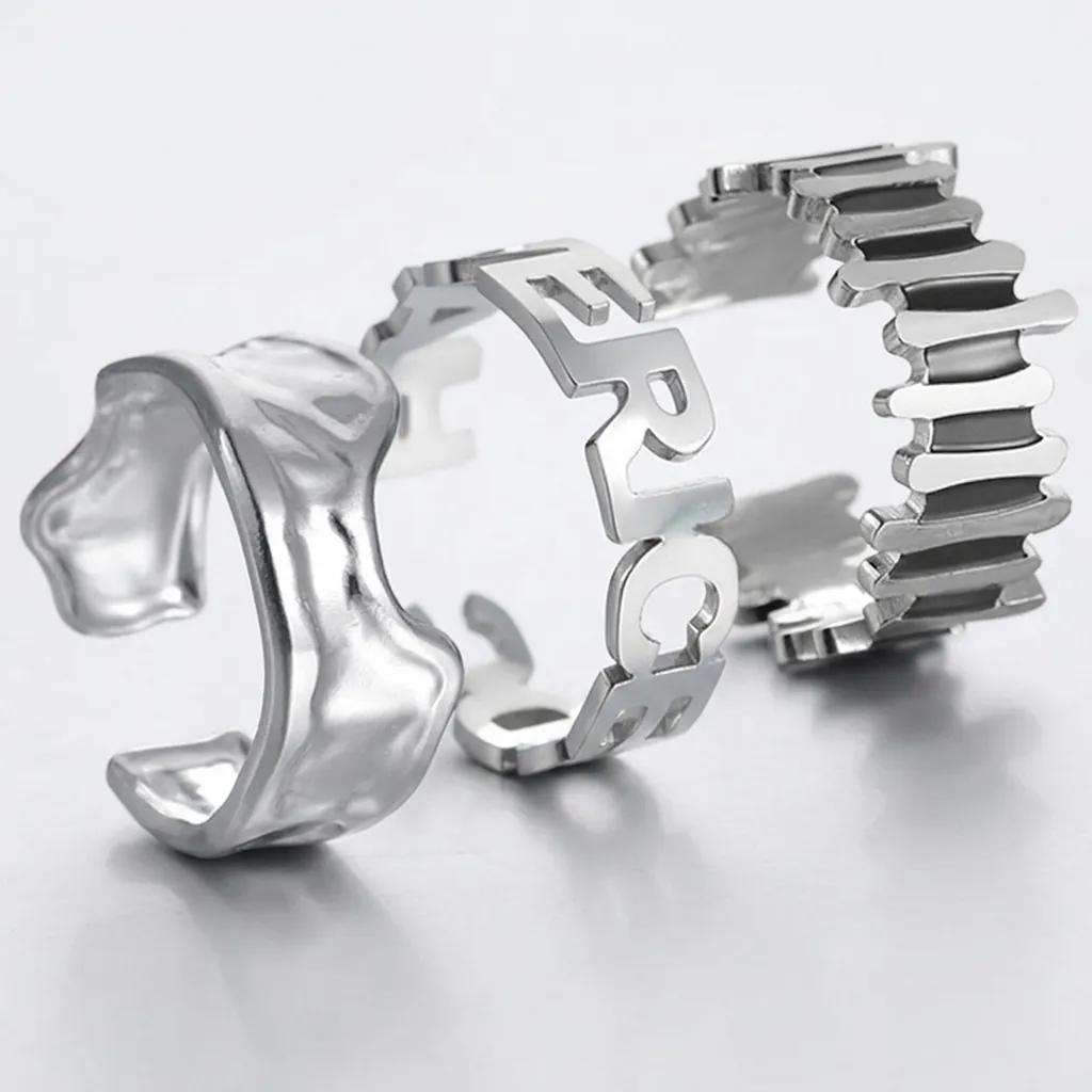 Men's Stainless Steel Open Ring Hip Hop Geometric Adjustable Lava Texture Cutout Letter Finger Ring Jewelry Gift