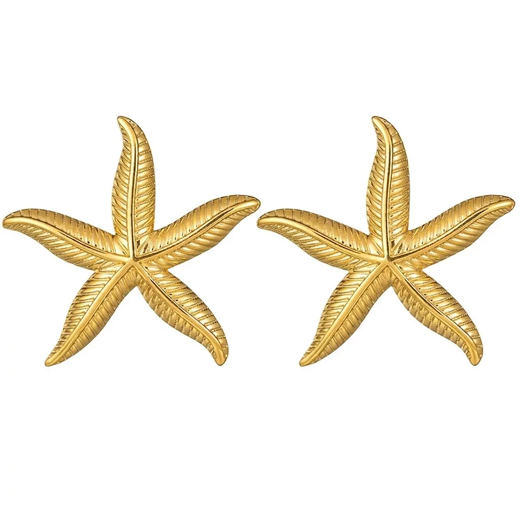 Orecchini a Bottone a Stella Marina Vintage Oro Acciaio Inossidabile Texture Marina Gioielli da Spiaggia Per Donna