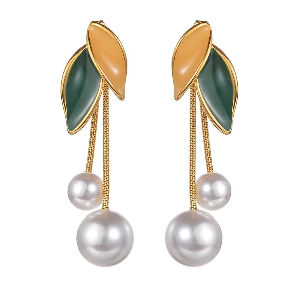 French Vintage Stainless Steel Long Tassel Earrings Exquisite Drip Oil Enamel Leaf Artificial Pearl Stud Earrings For Women Jewelry