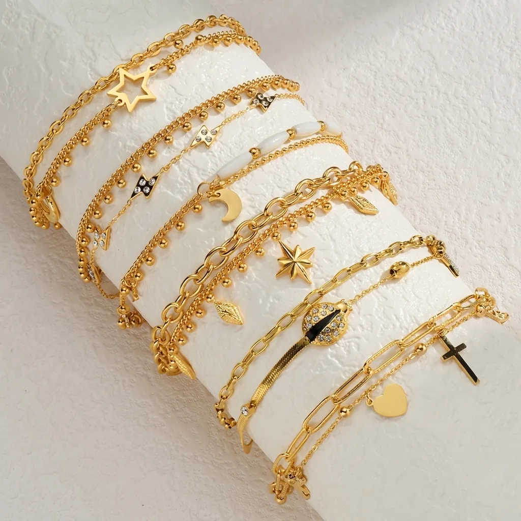 Fashion Stainless Steel Double Layer Bracelet Gold Star Moon Pendant Bead Chain Stacking Jewelry For Women