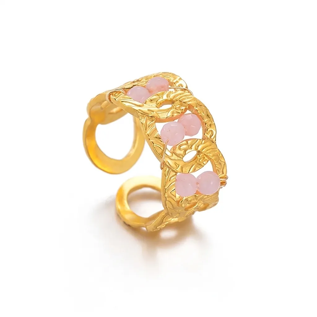 Vintage Gold Plated Stainless Steel Open Ring For Women Elegant Geometric Interlocking Design Ring Pink Bead Jewelry