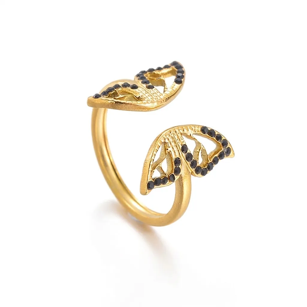 Butterfly Open Ring Gold Plated Stainless Steel Black Zirconia Adjustable Finger Ring For Women Elegant Fashion Jewelry