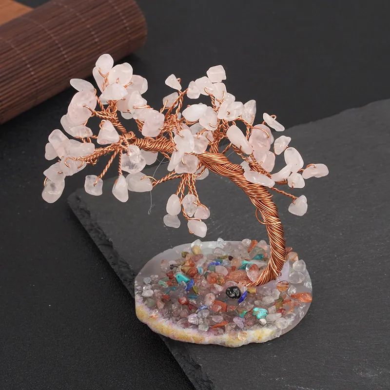 Handmade Natural Stone Crystal Money Tree Healing Desktop Ornament With Copper Wire Wrapped Branches Home Office Desk Decor