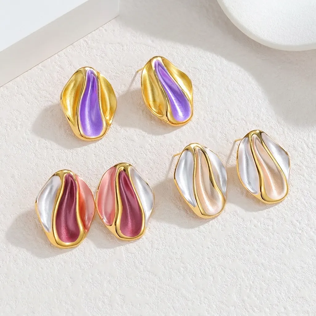 Irregular Wrinkled Geometric Stud Earrings For Women Stainless Steel Wave Enamel Earrings Minimalist Colorful Ear Jewelry