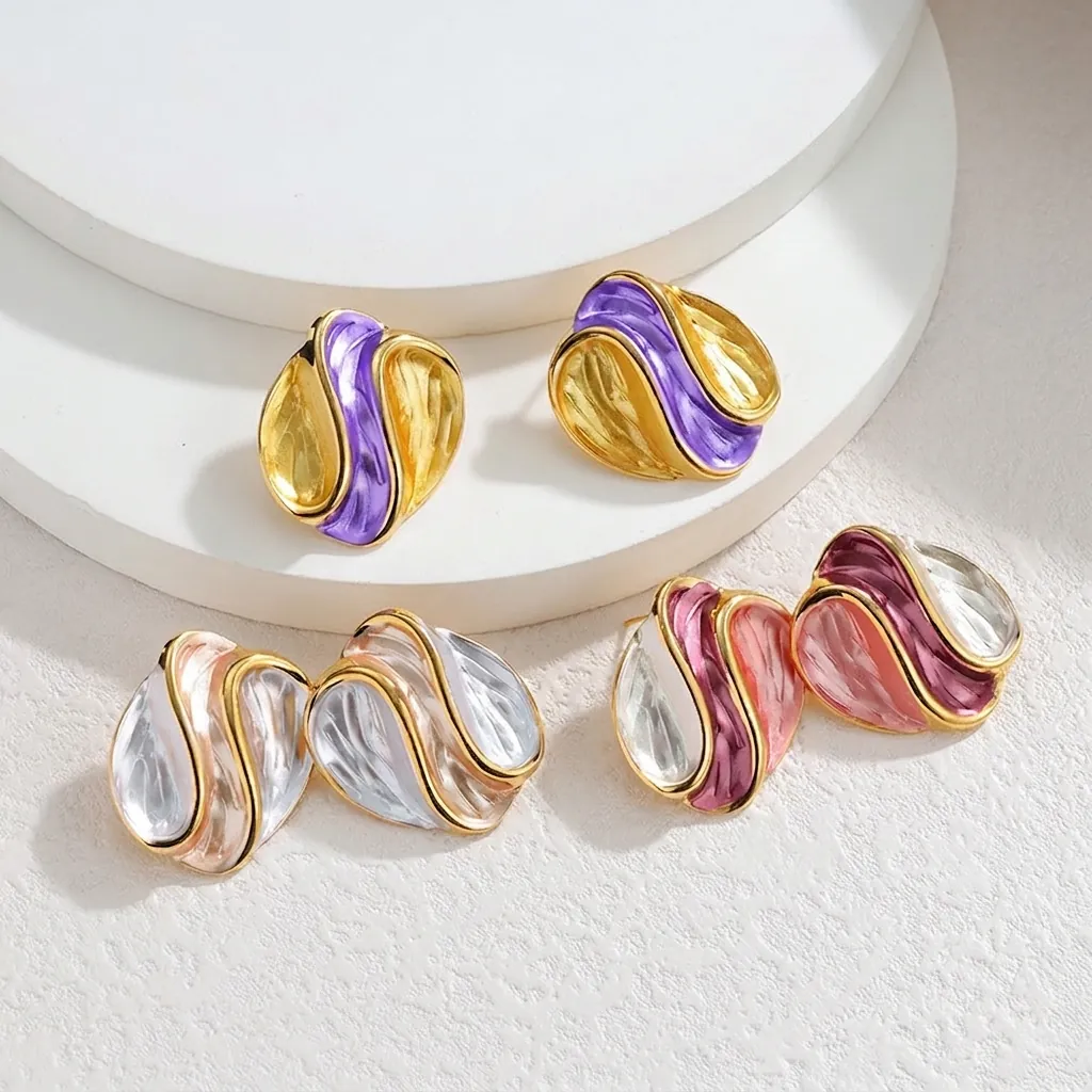 Irregular Round Wave Pleated Stainless Steel Stud Earrings For Women Retro Enamel Drip Oil Contrast Color Fashion Jewelry
