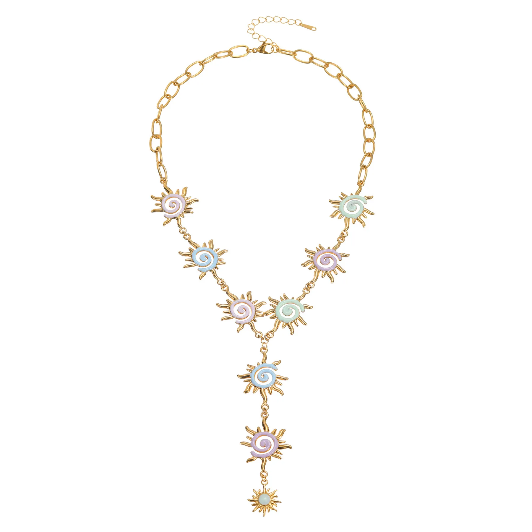 Irregular Sun Pendant Necklace Women Stainless Steel Gold Plated Macaron Enamel Spiral Tassel Bohemian Jewelry Gift