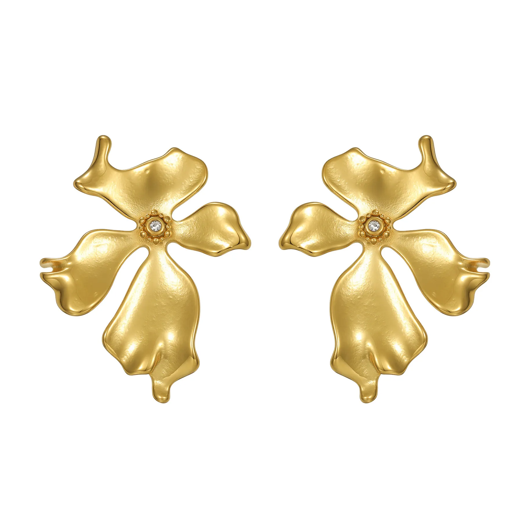 Vintage Luxury Stainless Steel Rhinestone Flower Petal Drop Earrings Irregular Matte Gold Floral Earrings For Women Jewelry