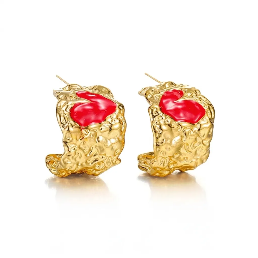 Irregular Pleated Stainless Steel Heart Hoop Earrings For Women Gold Red Enamel Geometric Drip Oil Earrings Fashion Jewelry