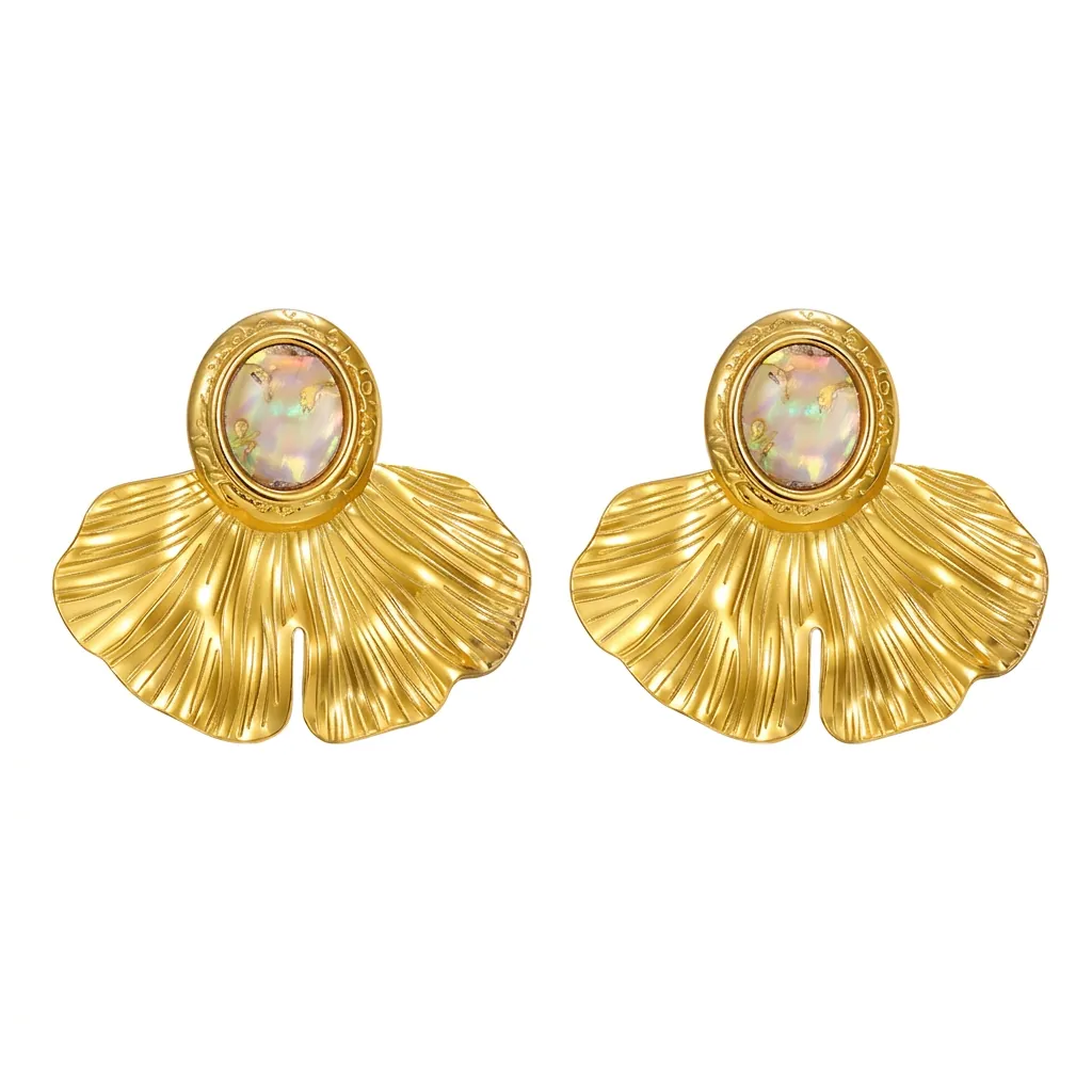 Boucles d'Oreilles Clous Feuille de Ginkgo Or Rétro Français Pour Femme Acier Inoxydable Nacre Ovale Incrusté Bijoux Élégants