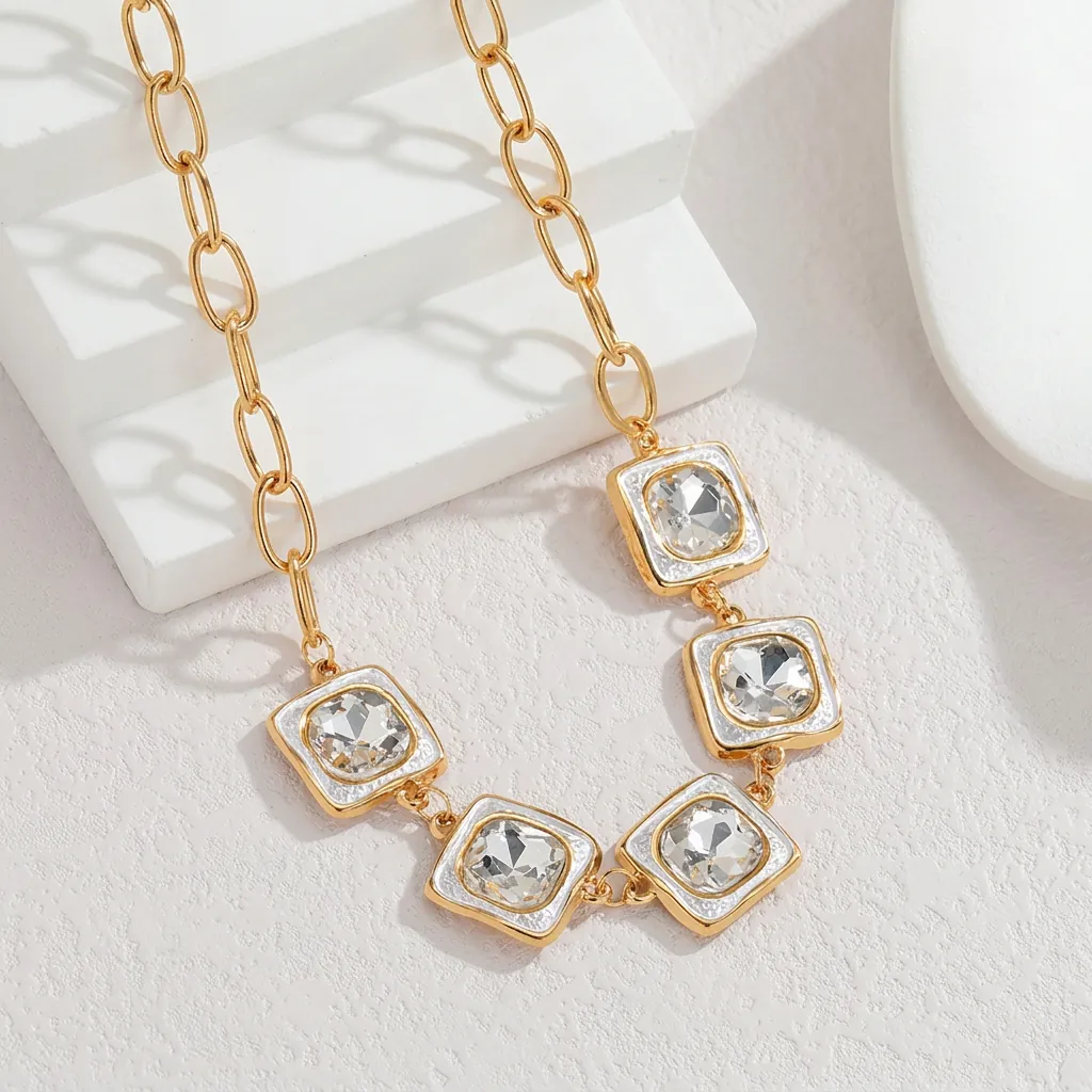 Vintage Stainless Steel Gold Plated Necklace For Women Square Rhinestone White Enamel Pendant Palace Style Thick Chain Fashion Jewelry
