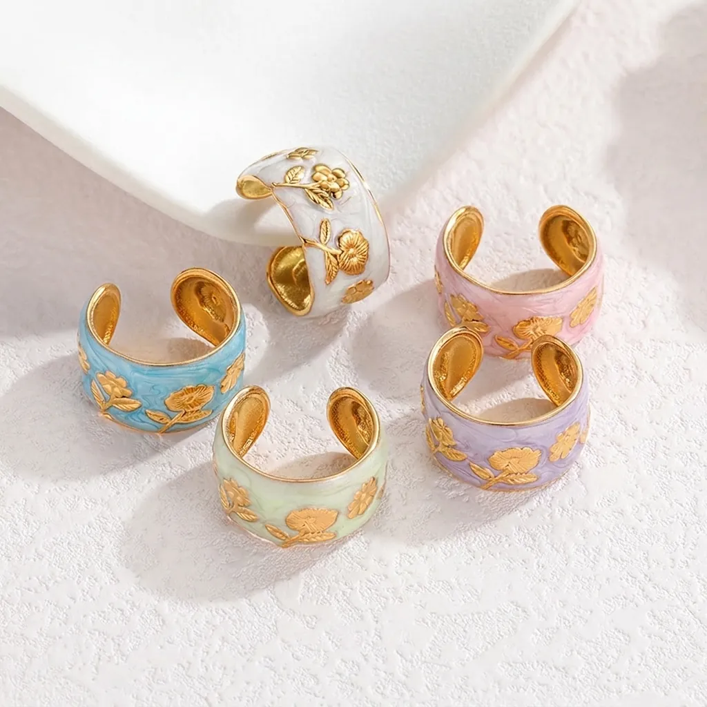 Vintage Stainless Steel Enamel Floral Open Ring Gold Plated Sunflower Relief Adjustable Finger Jewelry For Women Daily