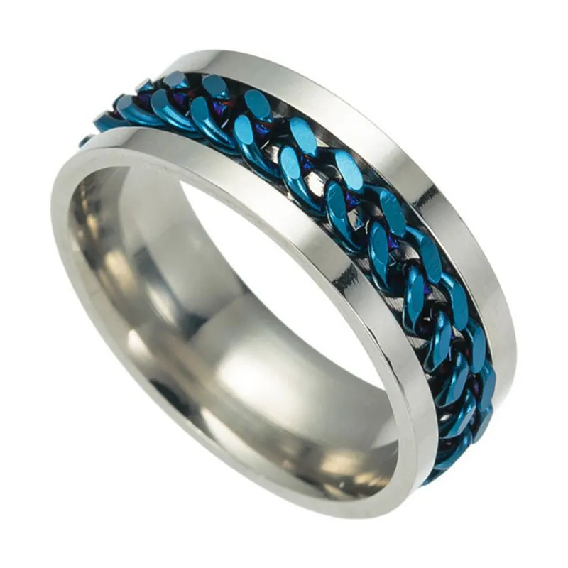 Stainless Steel Rotatable Chain Spinner Ring For Men Women Decompression Punk Roman Numeral Inlaid Jewelry Finger Ring