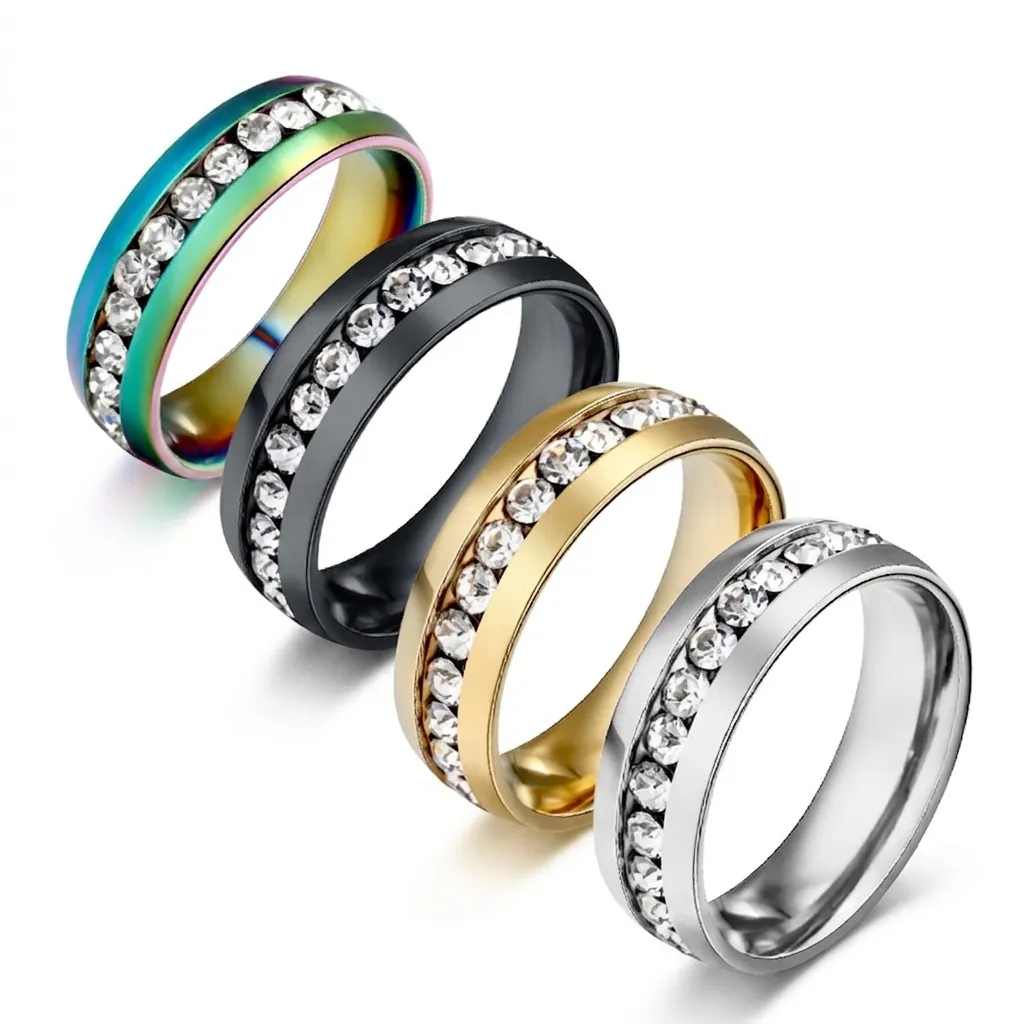 Bague Eternity en Acier Inoxydable Incrustée de Strass à une Rangée de Diamants pour Femmes Hommes Bijoux Or Noir Argent Arc-en-ciel