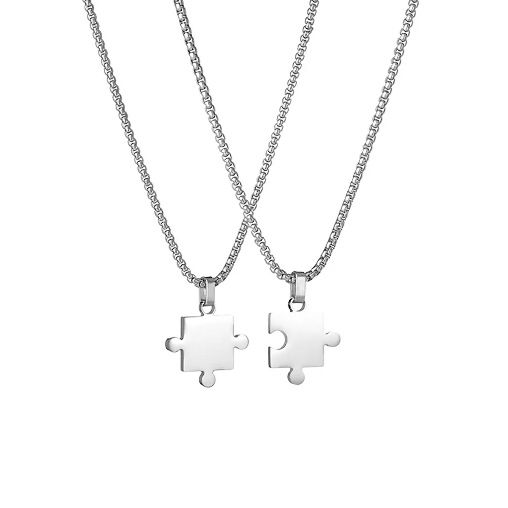 Minimalist Stainless Steel Puzzle Piece Pendant Necklace For Couples Friends Polished Box Chain Jewelry Unisex Commemorative Gift