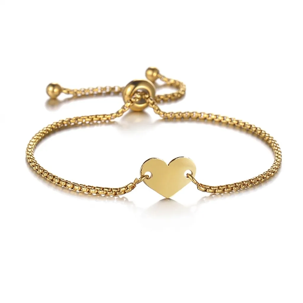 Bracelet Pendentif Cœur en Acier Inoxydable Minimaliste Fermoir Bolo Réglable Poli de Haute Qualité Bijoux de Main Personnalisés Femmes