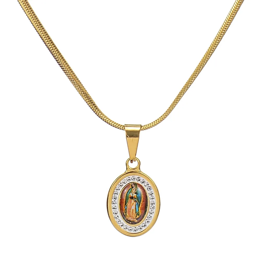 Stainless Steel Virgin Of Guadalupe Pendant Necklace Gold Plated Rhinestone Oval Snake Bone Chain Religious Hip Hop Jewelry