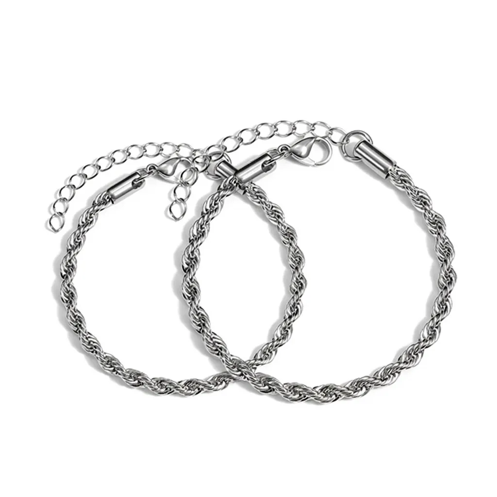 Stainless Steel Rope Chain Bracelet For Men Women Twisted Minimalist Jewelry Silver Tone Adjustable Link Bracelet Gift