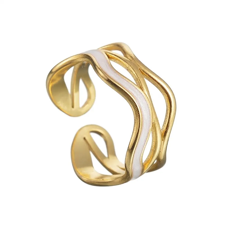 Vintage 18K Gold Plated Stainless Steel Wave Ring For Women White Enamel Open Adjustable Geometric Finger Ring Fashion Jewelry