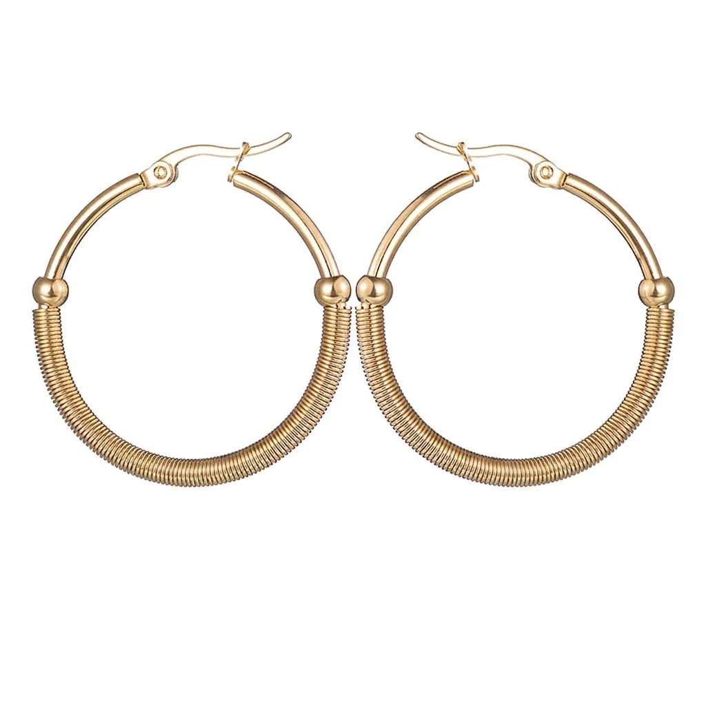 Orecchini a Cerchio in Acciaio Inossidabile Oro Minimalisti Per Donna Gioielli Design con Filo Avvolto e Perline Tonde