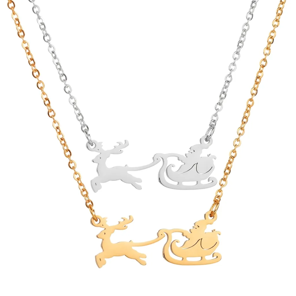 Roestvrijstalen Kerstmis Halsketting Rendier Trekt Slee Kerstman Silhouet Hanger Halsketting Feestelijke Sieraden Voor Dames