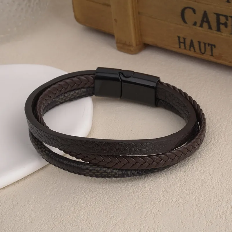 Men Multi-layer Braided Leather Bracelet Alloy Magnetic Clasp Punk Geometric Wrap Bangle Urban Casual Jewelry Gift For Unisex