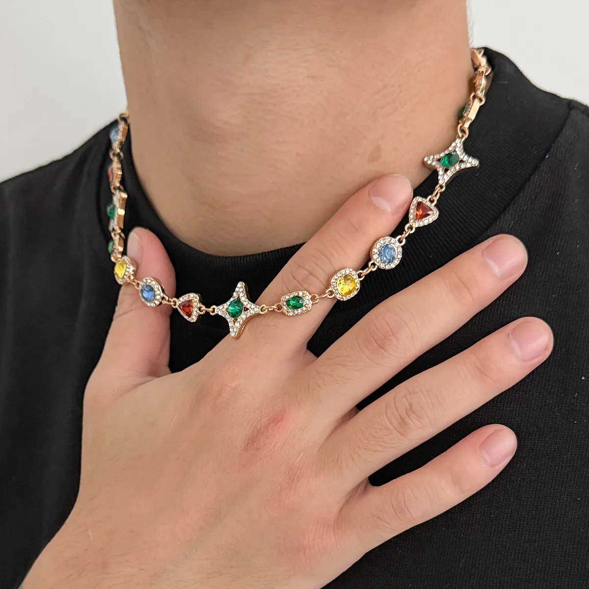 Vintage Bunte Edelstein Halskette Herren Hip Hop Legierung Strass Stern Anhänger Schlüsselbein Kette Herren Schmuck Handgefertigt Luxus Geschenke