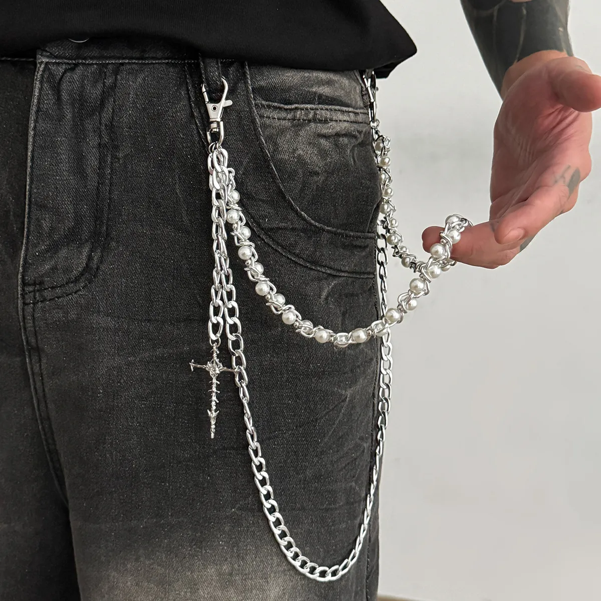 Hip Hop Multi Layer Trouser Chain Men Silver Alloy Artificial Pearl Cross Pendant Waist Chain Gothic Streetwear Accessories