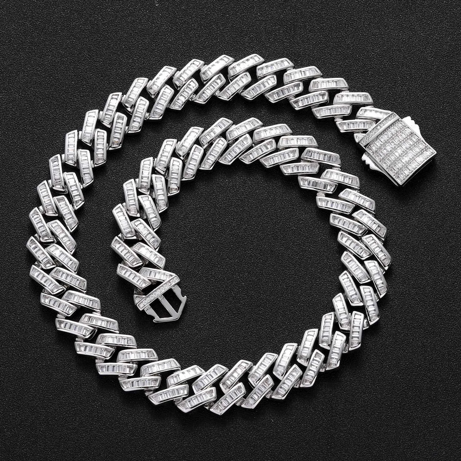 Luxury Iced Out Baguette Cubic Zirconia Cuban Link Necklace Gold Silver Plated Brass Hip Hop Streetwear Jewelry For Men Women