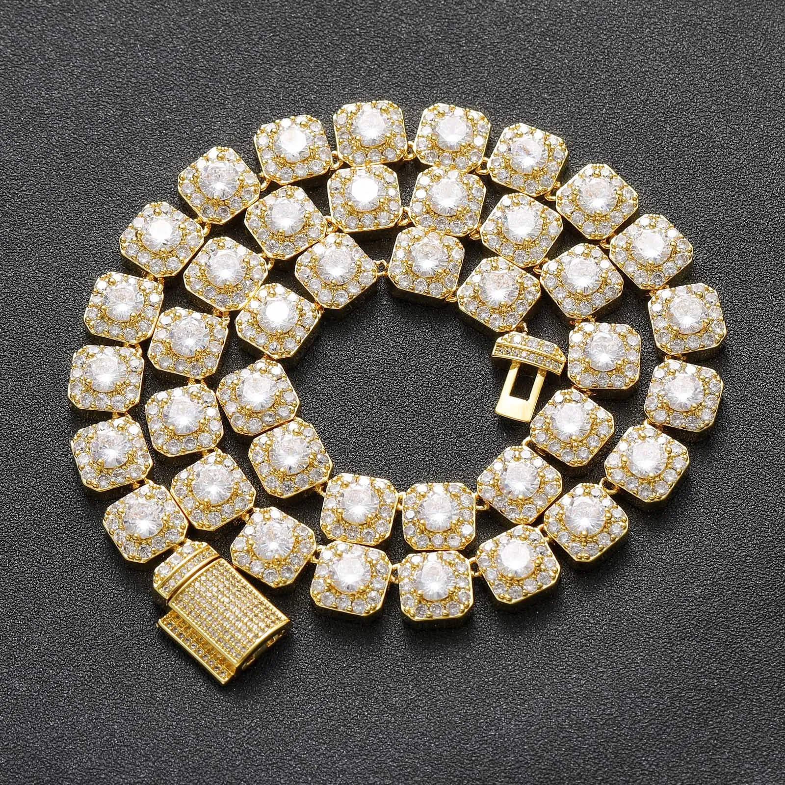 Collier Hip-Hop pour Hommes en Cuivre Plaqué Or Chaîne Tennis Zirconia Carrée Bijoux de Luxe Streetwear Iced Out