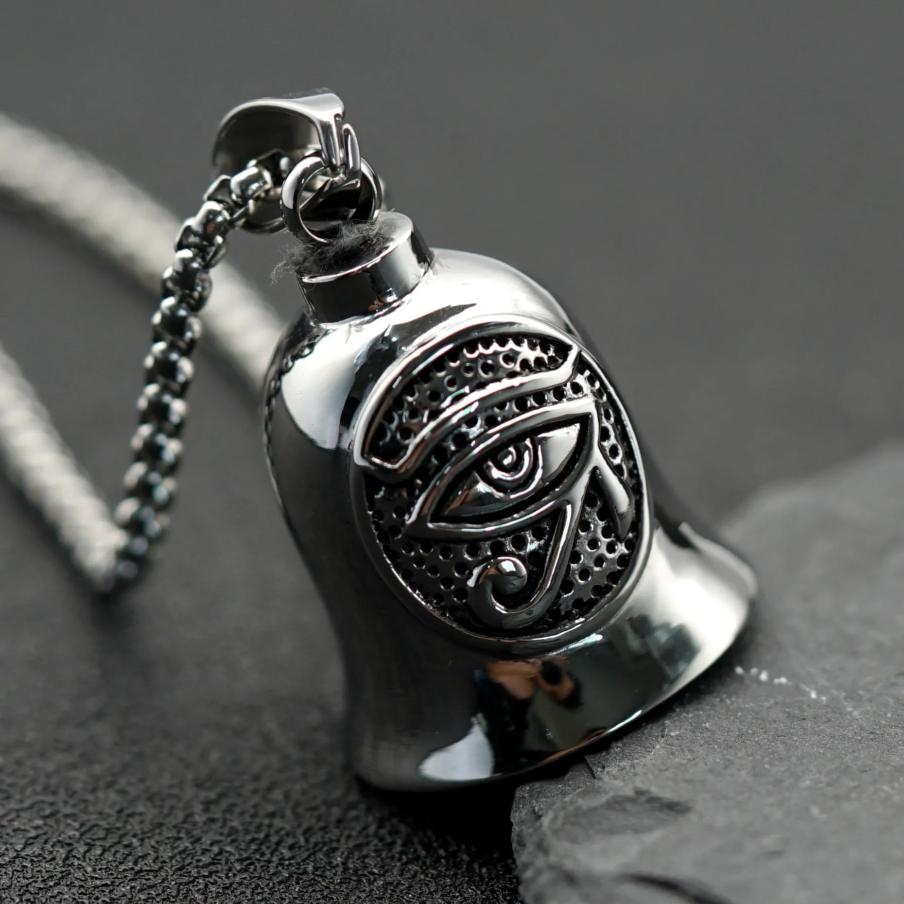 Retro Stainless Steel Eye Of Horus Bell Pendant Necklace For Men Women Biker Punk Style Egyptian Mythology Jewelry Accessory