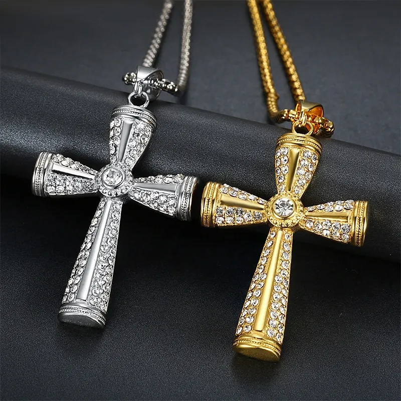 Hip Hop Edelstahl Gold Überzogen Voll Strass Kreuz Anhänger Halskette Iced Out Kruzifix Schmuck Für Herren Damen Party Accessoire