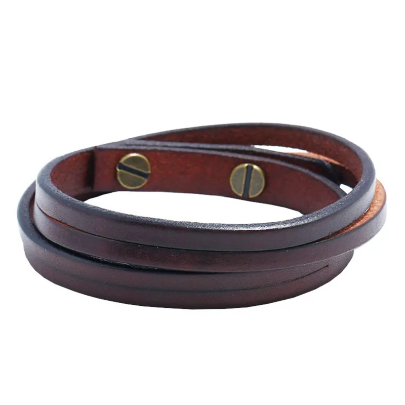 Men Retro Cowhide Leather Wrap Bracelet Handmade Alloy Screw Stud Punk Rock Multi Layer Fashion Bracelet Jewelry Gift