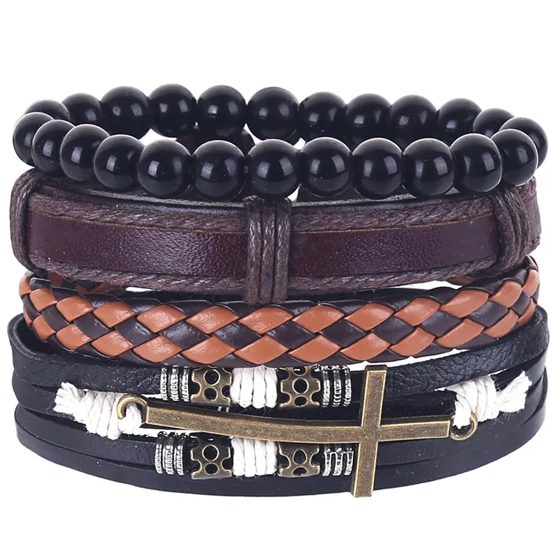 Vintage Hand-Woven Cowhide Leather Bracelet Set For Men Cross Pendant Multi-layer Adjustable Beaded Wristband Men Jewelry