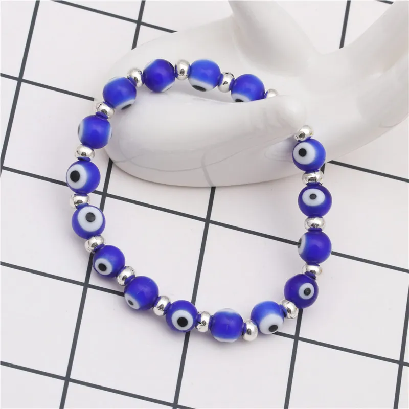Vintage Agate Evil Eye Beaded Bracelet For Men Women Retro Blue Beads Alloy Hamsa Hand Pendant Amulet Lucky Stretch Bracelet