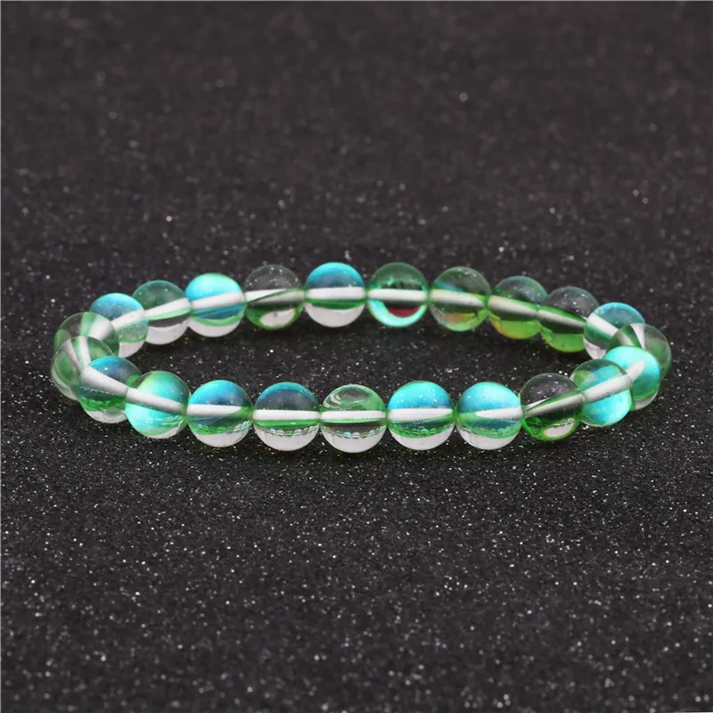 Bracelet en Perles Pierre de Lune Aurore Iridescent Minimaliste Pierre de Lune en Verre Synthétique Bracelet Élastique Bijoux Femme