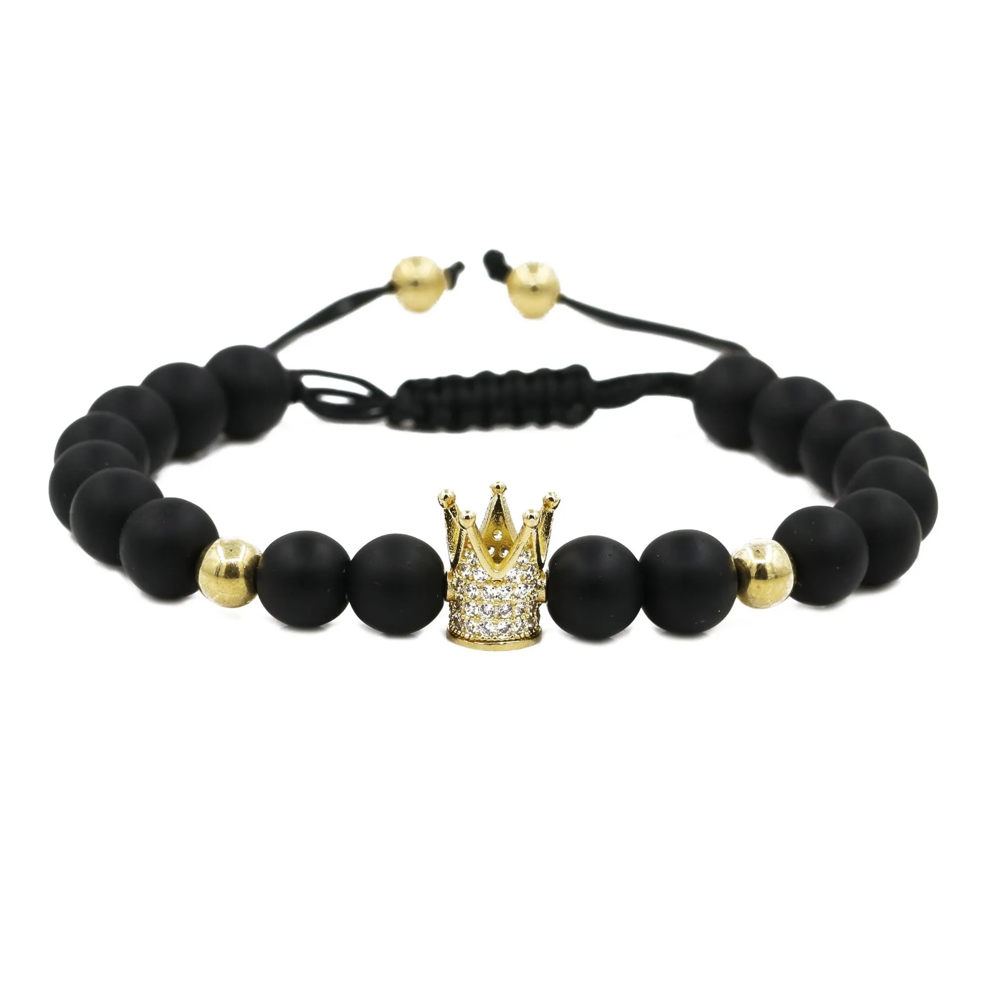 Bracelet Perlé pour Homme Couronne en Zirconia Micro-Serti Pierre Noire Mate Cuivre Bracelet Tressé Ajustable Bijoux