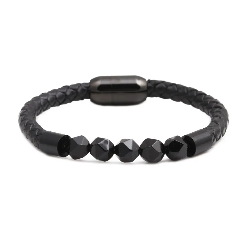 Men Genuine Leather Braided Bracelet Natural Stone Faceted Beads Magnetic Stainless Steel Buckle Fashion Jewelry Gift
