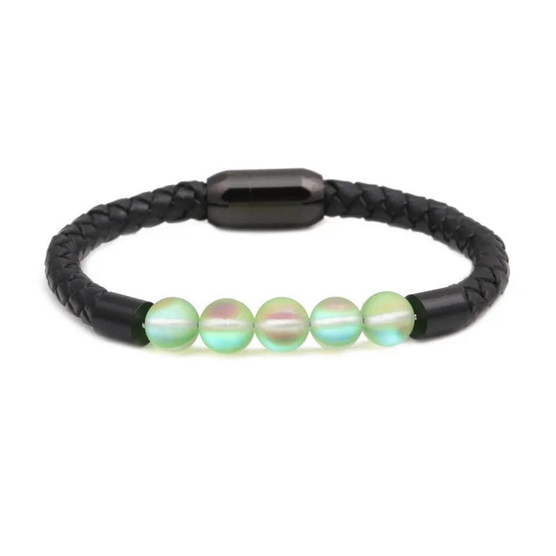 Bracelet Tressé en Cuir Véritable pour Femmes Hommes Fermoir Magnétique en Acier Inoxydable Bracelet Perlé en Pierre de Lune Bijoux Cadeau