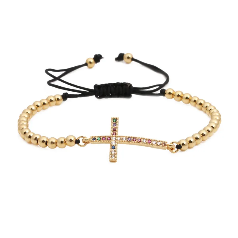 Bracelet Tressé Croix Micro Incrusté de Zirconia pour Hommes et Femmes Bijoux Religieux en Cuivre Ajustables à la Mode
