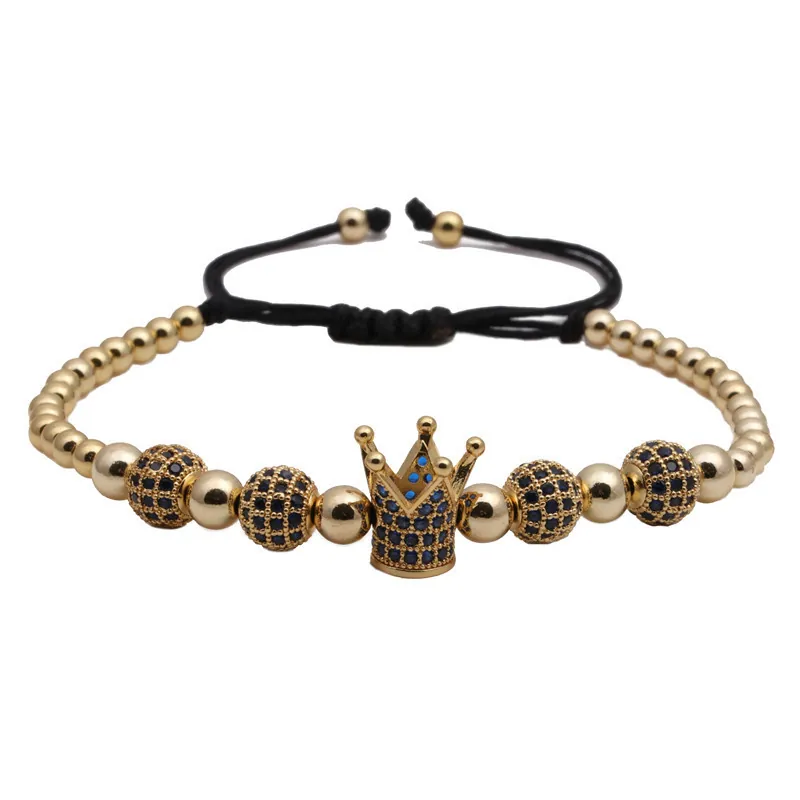 Bracelet de Luxe en Perles Couronne pour Hommes Cuivre Zircone Micro Incrustée Bracelet Ajustable en Corde Tressée Bijoux de Mode Quotidienne