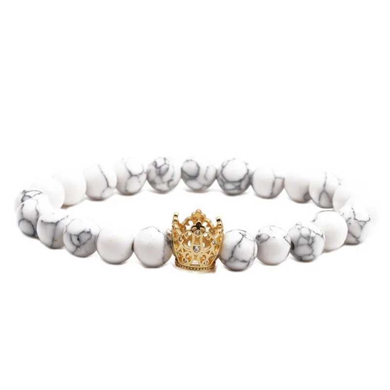 Bracciale con Perline a Corona in Acciaio Inossidabile e Pietra Naturale per Uomo Donna Gioielli Vintage in Occhio di Tigre Pietra Lavica Turchese Bianco Bracciale Elastico