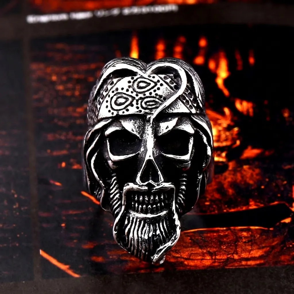 Vintage Stainless Steel Bearded Skull Ring For Men Gothic Punk Rock Viking Warrior Headscarf Biker Finger Band Jewelry