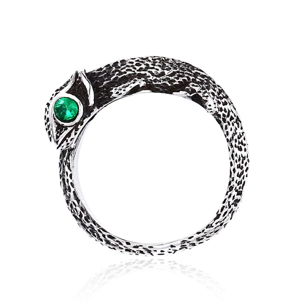 Vintage Stainless Steel Lizard Chameleon Ring For Men Gothic Punk Animal Wrap Ring With Green Zirconia Eye Retro Oxidized Finish Jewelry