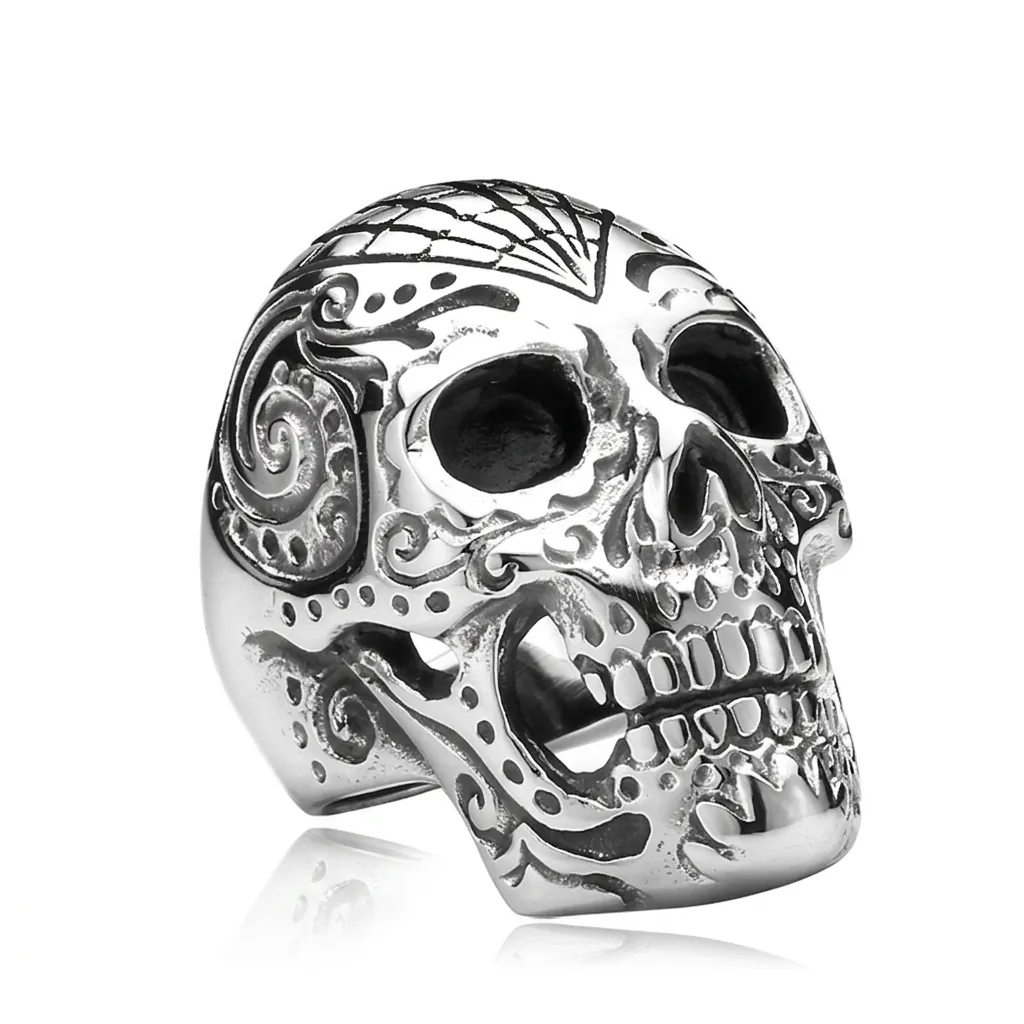 Retro Stainless Steel Skull Ring Men Punk Biker Gothic Ghost Head Finger Jewelry With Spider Web Scroll Pattern