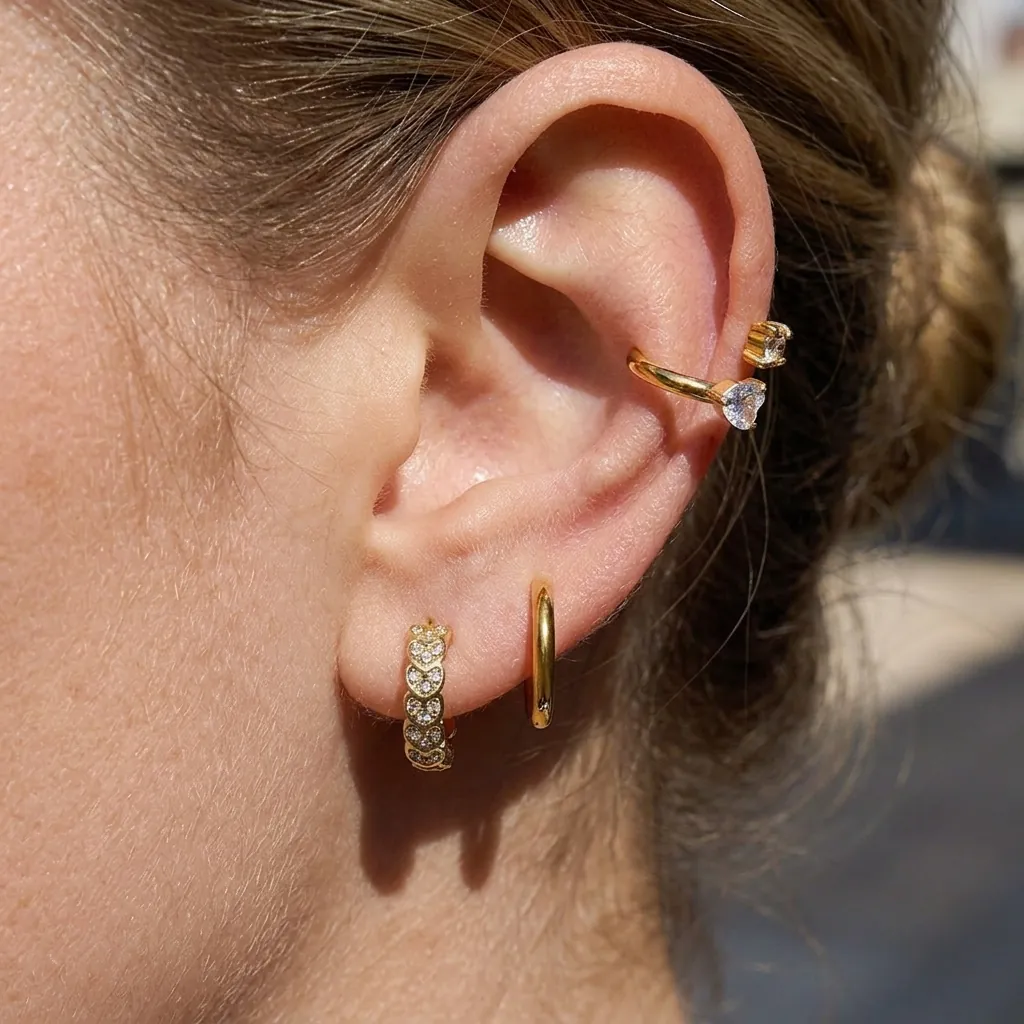 Boucles d'Oreilles Créoles en Acier Inoxydable Cœur et Strass pour Femmes Bijoux Géométriques Dorés Hypoallergéniques