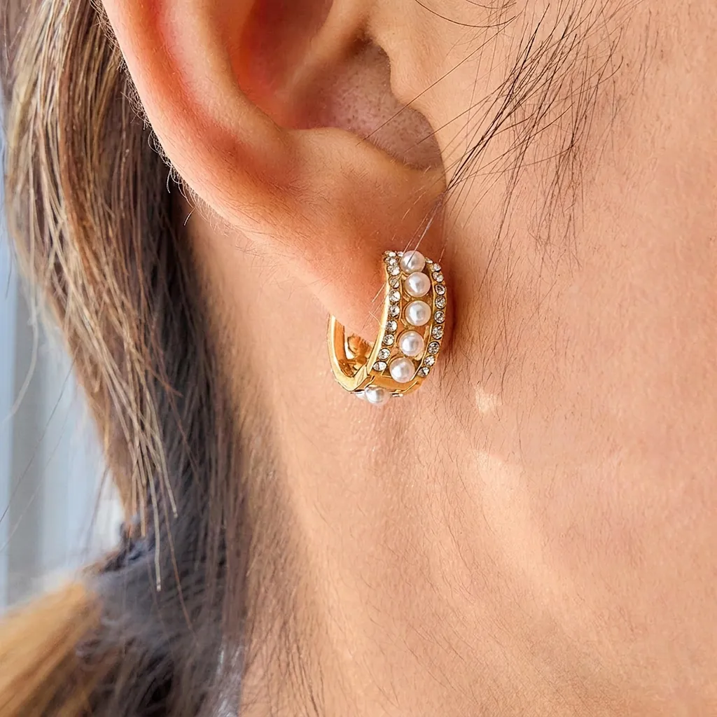 Orecchini a Cerchio in Acciaio Inossidabile Placcato Oro Perla Artificial Zirconia Intarsiato Vintage Lusso Gioielli Geometrici Donna