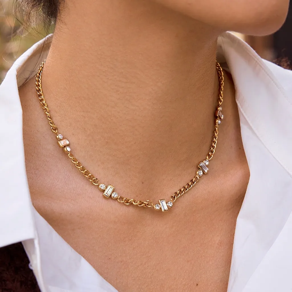Collier Luxueux en Acier Inoxydable avec Strass pour Femmes Plaqué Or PVD Choker Géométrique Bijoux de Mode Cadeau