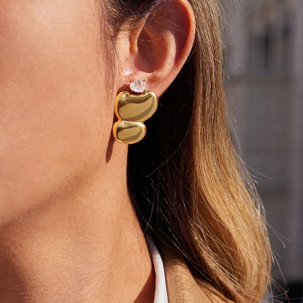Irregular Liquid Metal Gold Plated Stainless Steel Stud Earrings Round Zirconia Inlaid Minimalist Commute Jewelry For Women